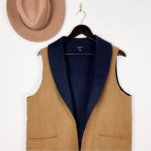 Talbots Double Face Wool Blend Open Front Shawl Collar Vest Camel/Navy Large - Picture 4 of 7